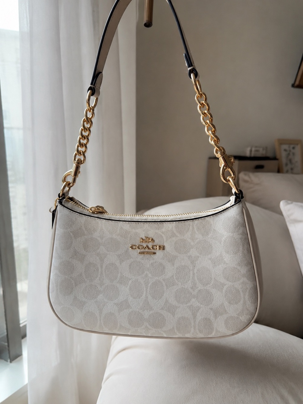 Coach White Signature Canvas Crossbody with Gold Chain Strap